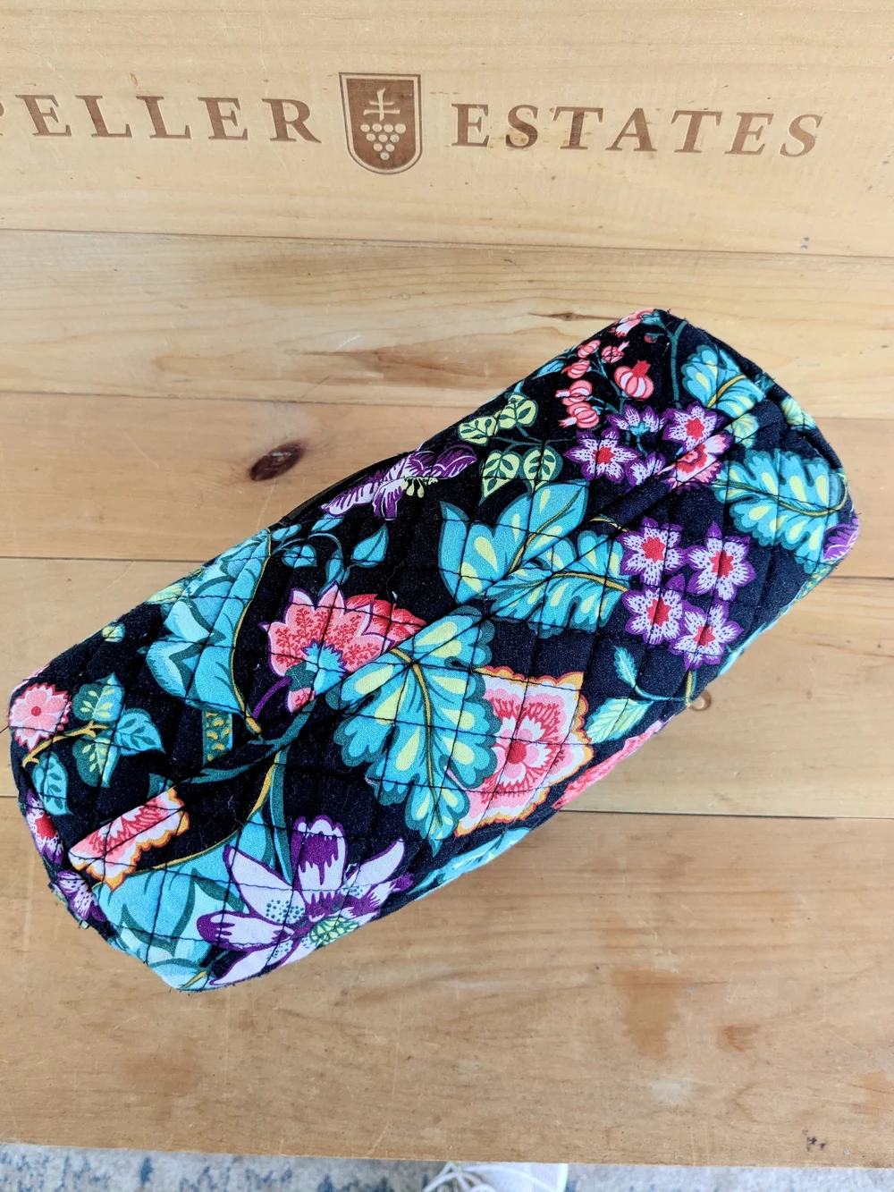 Vera Bradley Black Floral Quilted Cosmetic Pouch with Pink & Blue Blooms NWOT